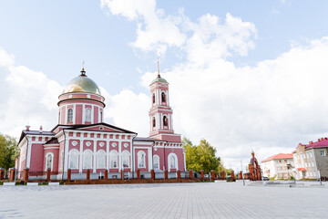 The Orthodox Church stands on the city square, the Pink Temple, the city of Birsk Bashkortostan, a...