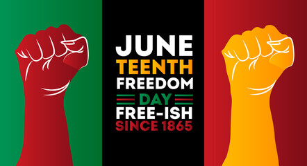Juneteenth Freedom day, Free-ish since 1865 poster design with closed fist icon, celebrate freedom in june 19th