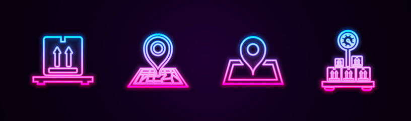 Set line Cardboard boxes on pallet, Placeholder map, and Scale with cardboard. Glowing neon icon. Vector