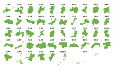 シンプルな日本地図　都道府県ごとに切り分け　黄緑色