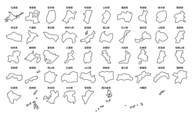 シンプルな日本地図　都道府県ごとに切り分け　線画