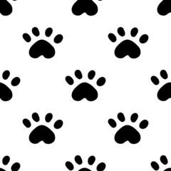 Black cat seamless pattern. Meow and cat paws background vector illustration. Cute cartoon pastel character for nursery girl baby print.