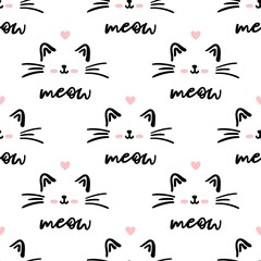 Black cat seamless pattern. Meow and cat paws background vector illustration. Cute cartoon pastel character for nursery girl baby print.