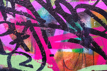 Obraz premium Colorful green, pink and black urban wall texture. Modern pattern for wallpaper design Creative modern urban city background for advertising mockups. Grunge messy street style new wave background