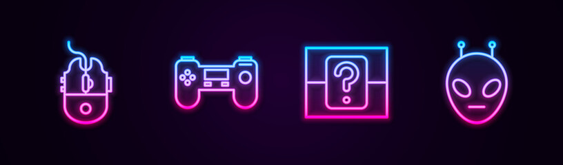Set line Computer mouse gaming, Gamepad, Mystery or random box and Alien. Glowing neon icon. Vector