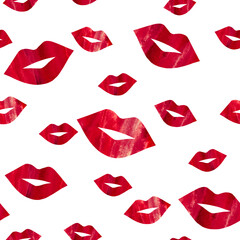 Seamless background with red kissed lips on white, hand-drawn in watercolor.