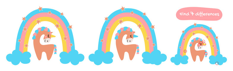 Cute unicorn under the rainbow. Find the differences. Educational game for children. Vector illustration, cartoon.