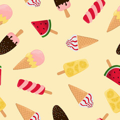 Colorful ice cream seamless pattern. Background for poster, print, cards, wrapping paper, clothes decoration and ice cream shop