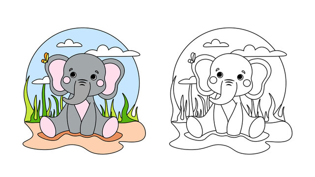 Vector illustration of children's coloring book or page on white background. Funny elephant characters sitting and looking at a butterfly for design poster, print, greeting card,sticker in a cartoon.