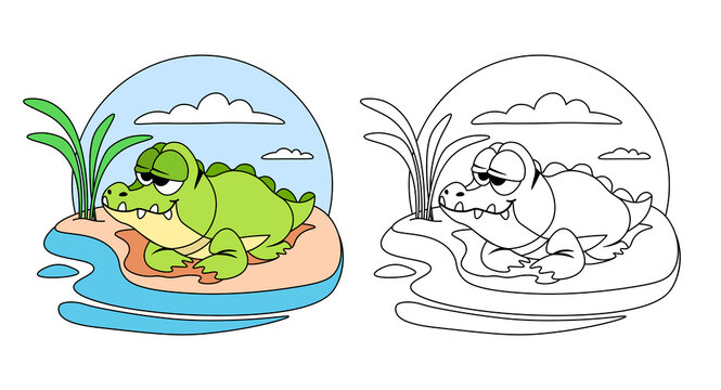 Vector illustration of children's coloring book or page on white background. Funny crocodile characters sitting on the shore of a pond for a design poster, print, greeting card, sticker in a cartoon.