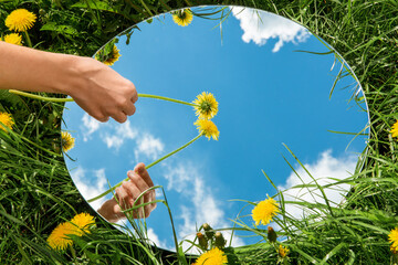 nature concept - hand with dandelion touching sky reflection in round mirror on summer field
