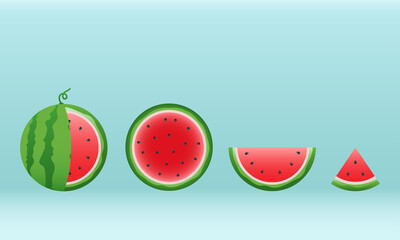 Watermelon and juicy slices vector set, flat design of green leaves and watermelon flower illustration, Fresh and juicy fruit concept of summer food.