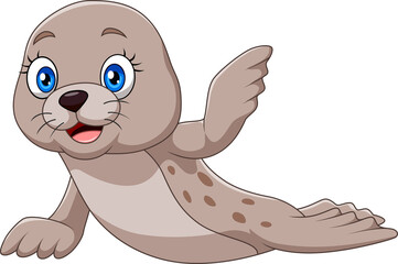 Cartoon funny baby seal on white background - obrazy, fototapety, plakaty