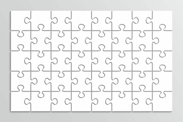 Puzzle pieces set. Jigsaw outline grid. Album orientation. Scheme of thinking game. Modern background with separate shapes. Cutting template with 5x8 details. Simple mosaic tiles. Vector illustration. - obrazy, fototapety, plakaty
