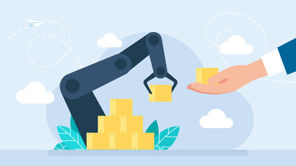 Automatic production conveyor. Cooperation of man and robotic hand. Automatic machine. Automation of production and delivery. Robotic arm. Industry concept. Flat Style. Business illustration 
