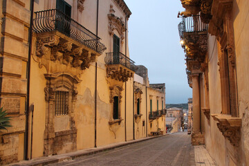 street and baroque palaces (?) in noto in sicily (italy) 