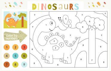 Dinosaurs activities for kids. Color by numbers – cute dinosaur and butterfly. Logic games for children. Coloring page. Vector illustration.