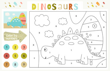 Dinosaurs activities for kids. Color by numbers – funny little dinosaur. Logic games for children. Coloring page. Vector illustration.