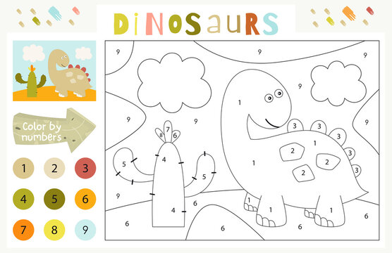 Dinosaurs Activities For Kids. Color By Numbers – Cite Dinosaur And Cactus. Logic Games For Children. Coloring Page. Vector Illustration.