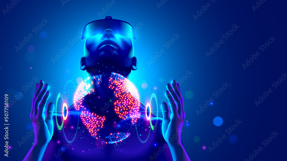 Poster virtual reality digital technology concept. man wearing 3d vr headset glasses looks up, holds the gl