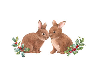 Beautiful stock illustration with hand drawn watercolor cute rabbit family. Forest animal composition clip art.