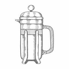 coffee french press brew lover single isolated hand drawn sketch with outline style