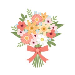 Flowers bouquet vector with daisy, narcissus, cherry blossom, forget-me-nots with ribbon Cute vector illustration in flat cartoon style