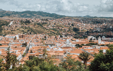 Fototapeta na wymiar Panoramic aerial view of the city of Sucre, Bolivia from Recoleta Monastery viewpoint