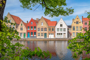 Fototapeta na wymiar Brugge, Belgium. Old colorful houses on Potterierei embankment