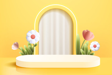 3d flower with abstract scene background white podium yellow curtain background product presentation mock up show