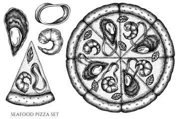 Pizza vintage vector illustrations collection. Black and white seafood pizza.