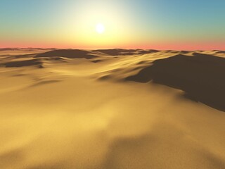 Fototapeta na wymiar Dunes at sunset, sand desert, beautiful sunset over the desert, sun over sandy waves, 3d rendering