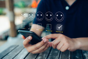 Customer review satisfaction feedback survey concept, User give rating 5 star to service experience on online application.