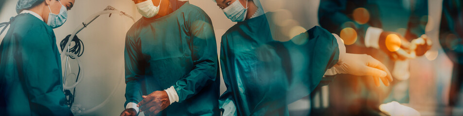 Medical Team Performing Surgical Operation in Modern Operating Room. Banner cover design. - obrazy, fototapety, plakaty