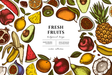 Fruits hand drawn illustration design. Background with retro bananas, pears, kiwi etc.