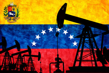 Oil pump jack on flag of Venezuela. Venezuelan petroleum - obrazy, fototapety, plakaty