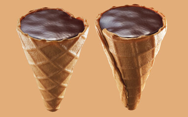 mini cone wafer with chocolate cream filling. 3d illustration. Isolated background.