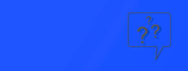 Question mark with shadow on blue background. message using. Banner for insertion into site. Place for text cope space. Horizontal image. 3d image. 3d rendering.