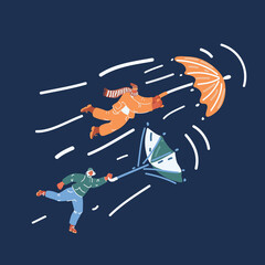 Cartoon vector illustration of Man and woman fly with umbrella with wind storm. Cold autumn weather concept.
