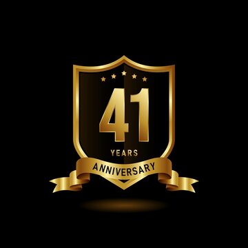 41 years anniversary logo with golden shield and ribbon for booklet, leaflet, magazine, brochure poster, banner, web, invitation or greeting card. Vector illustrations.