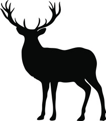 Standing horned deer silhouette vector, isolated on white background, wild animal concept, fill with black color wildlife animal, deer icon, symbol idea, side view
