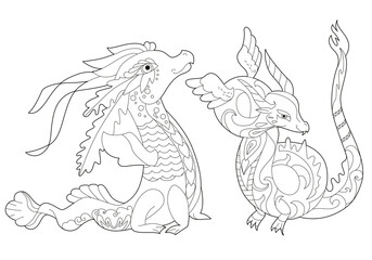 Set with fancy dragons on white background. Contour illustration for coloring book with fantasy reptile.  Line art design for adult or kids in zentangle style, tattoo and coloring page.