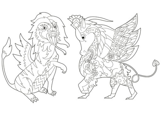 Set with fancy dragons on white background. Contour illustration for coloring book with fantasy reptile.  Line art design for adult or kids in zentangle style, tattoo and coloring page.