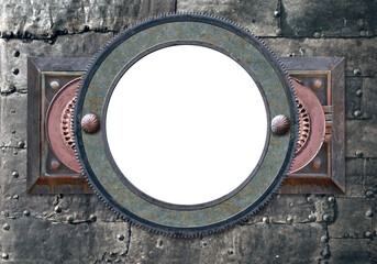 Metallic round frame with vintage machine gears and retro cogwheel