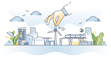 Green infrastructure planning with sustainable city power outline concept. Alternative electricity source for environmental CO2 free wind turbines vector illustration. Ecological urban organization. © VectorMine