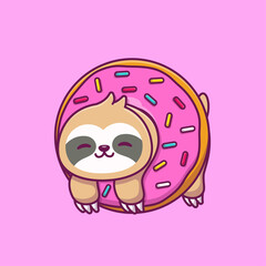 Cute Sloth With Doughnut Cartoon Vector Icon Illustration. Animal Food And Drink Icon Concept Isolated Premium Vector. Flat Cartoon Style © catalyststuff
