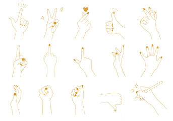 Fototapeta 様々な種類のハンドサイン、ハンドポーズ、手のポーズの線画のベクターイラスト(sign,icon,set,collection,line art,line,good,Rock-paper-scissors,heart,finger,sketch) obraz