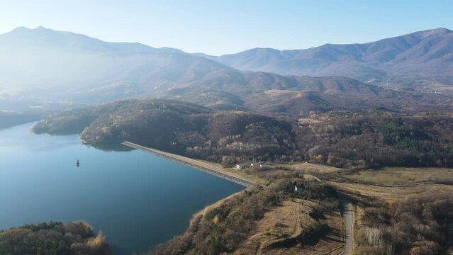 Aerial view of Srechenska Bara Reservoir, Montana Region, Bulgaria