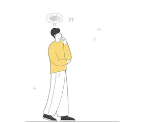 Obraz premium Thoughtful character is looking for solution. Problem solving and choice. Person thinks. Outline illustration