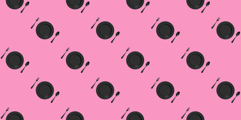 pattern. kitchen utensils on a pastel purpur background. fork, spoon, plate. Template for surface application. Banner for insertion into site. Flat lay. 3D image. 3D rendering.